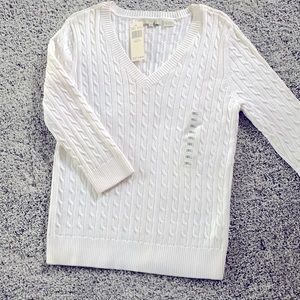 white cable v-neck sweater. 100% cotton